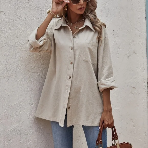 Classic Mocha Brown Button up Oversized Boyfriend Top - Picture 5 of 12
